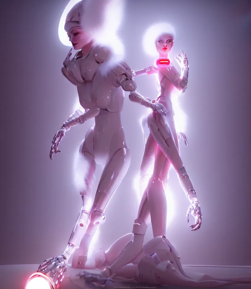 Prompt: beautiful fantasy woman android with bright lipstick wearing glowing white dress with white fur, seductive pose, futuristic, ultra realistic, dramatic lighting, robots, highly detailed by peter mohrbacher, hajime sorayama, wayne barlowe, boris vallejo, aaron horkey, gaston bussiere, craig mullins, octane render, cycles render, vray, iridescent