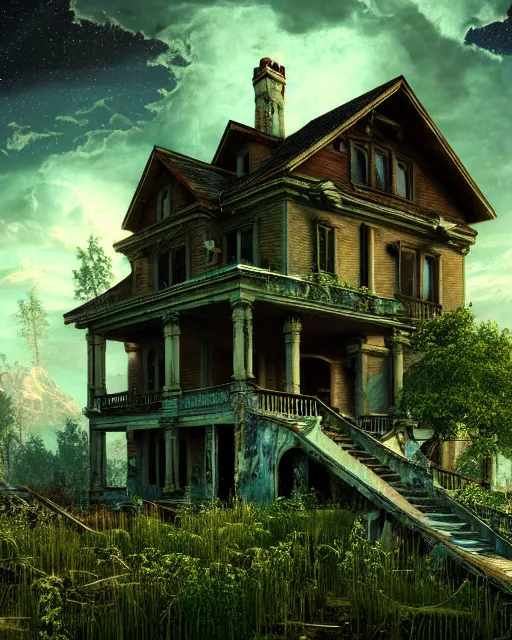 Prompt: a beautiful photorealistic render of single family detached house abandoned by albert bierstadt, reclaimed by nature retro nightsky gem liberty city atlantis architecture island apocalyptic nature cosmic sea, archdaily, wallpaper, highly detailed, trending on artstation.