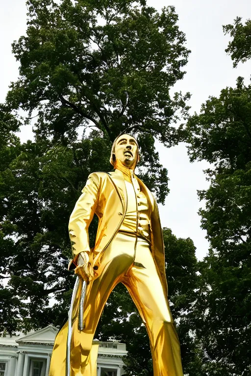 Prompt: A beautiful polished gold statue of Nicholas Cage in front of the White House, photo by Mann