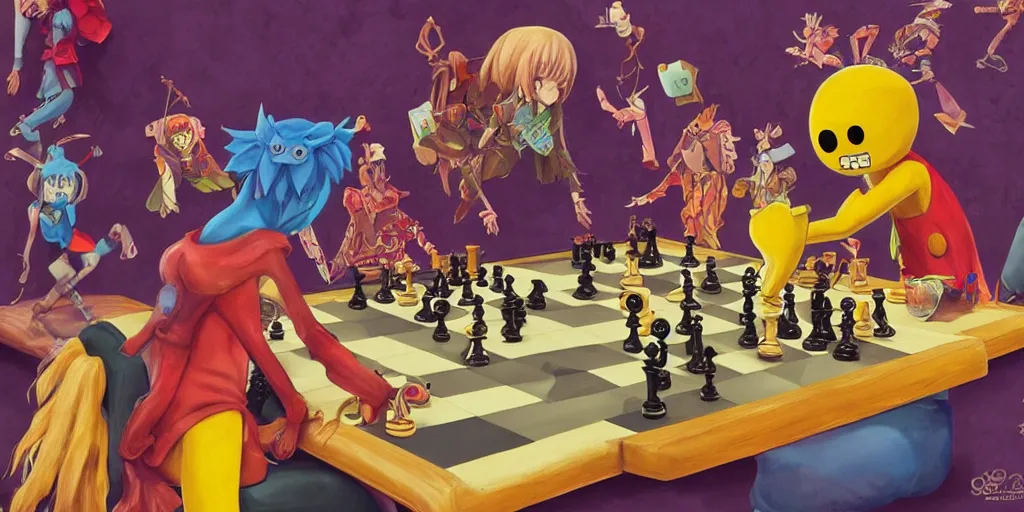 Prompt: cute anime monsters playing chess by Os Gemeos, 8k, trending on artstation, hyper detailed, cinematic