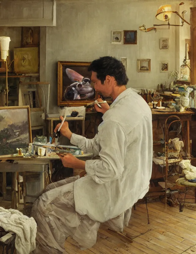 Image similar to the a painter in his studio painting a picture of pepe the frog - key lighting, soft lights, foggy, by steve hanks, by lisa yuskavage, by serov valentin, by tarkovsky, 8 k render, detailed, oil on canvas