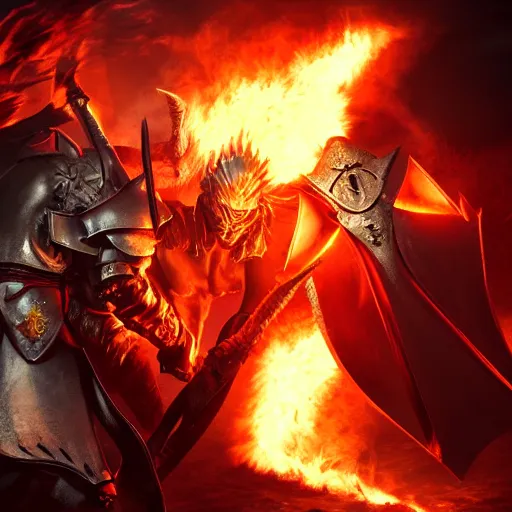 Prompt: diablo breathing fire over a crusader protecting himself with his shield, dramatic lighting, fantasy, 4k