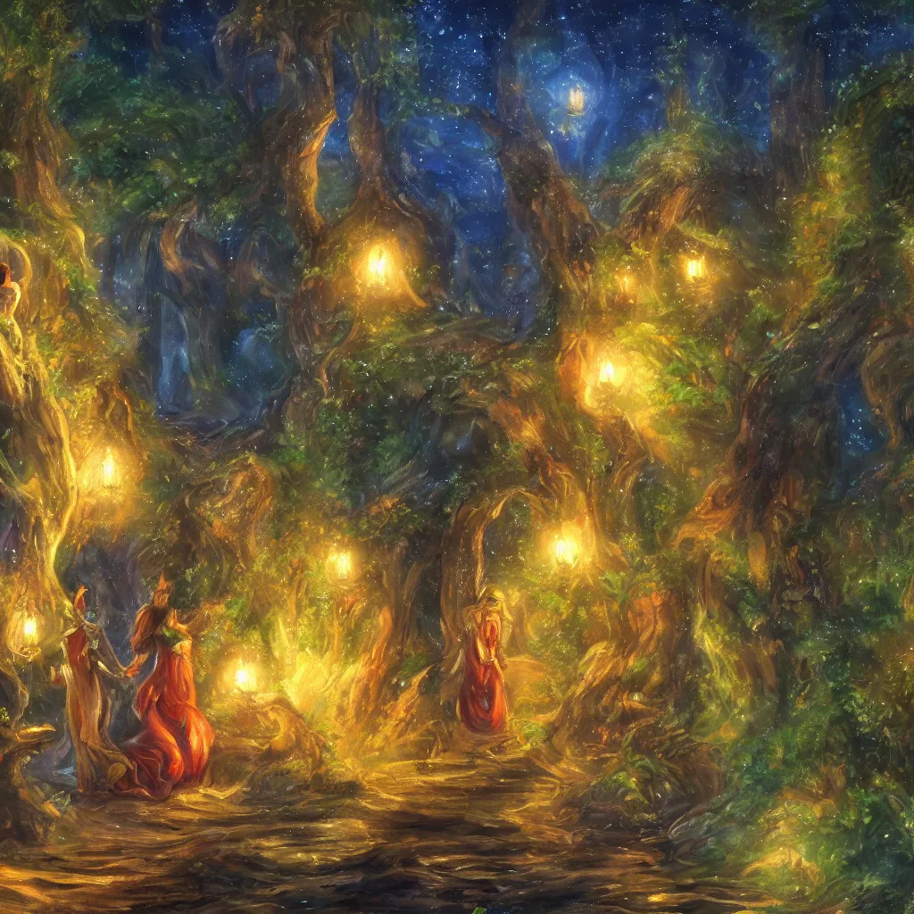 Image similar to kingdom of elves, outside of time and space, dreamy, romantic, night lighting, expressive impressionist style, highly detailed, 8 k