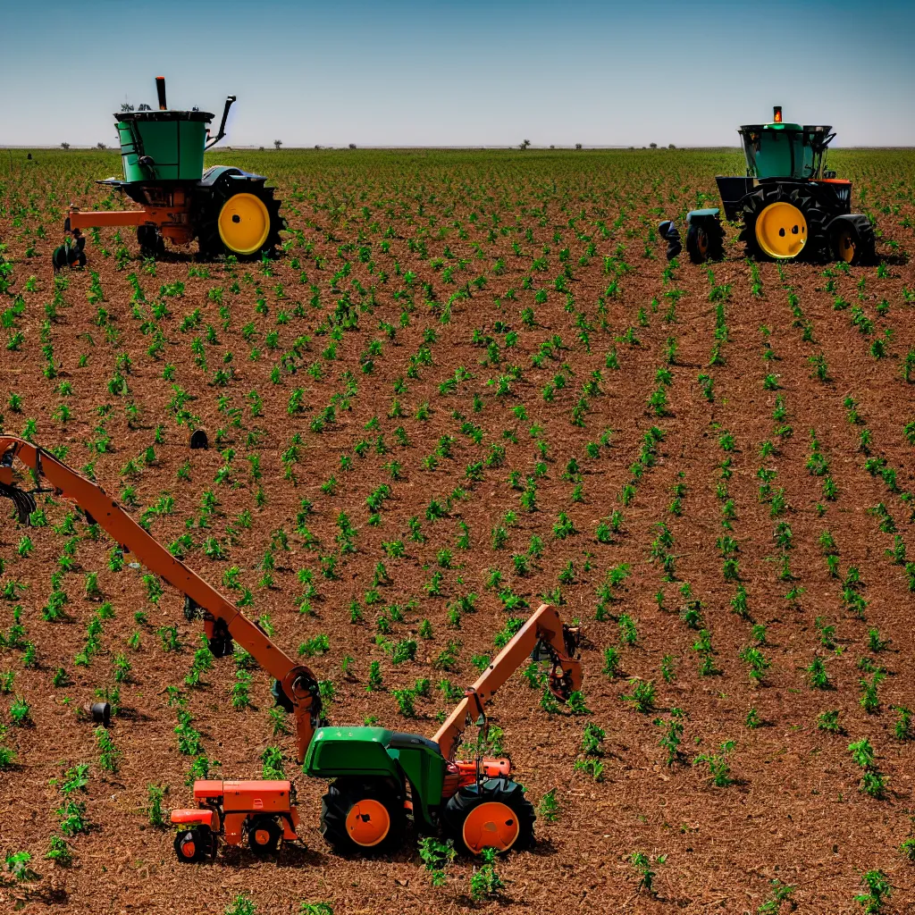 Image similar to robotic farming machinery maintaining a permaculture jungle in the desert, XF IQ4, 150MP, 50mm, F1.4, ISO 200, 1/160s, natural light