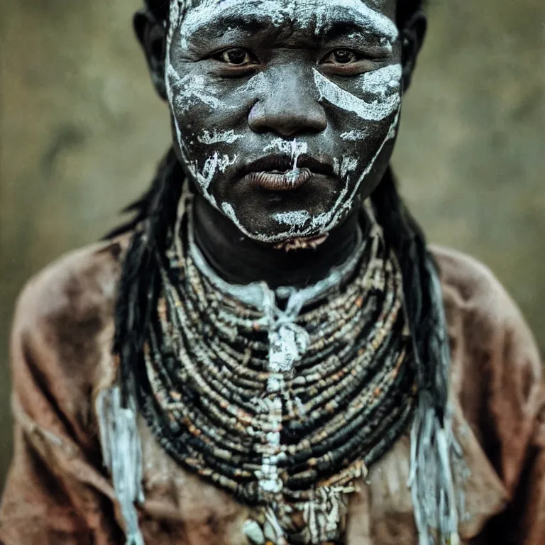 Prompt: realistic exposed expired fuji film portrait of a tribe leader with facial paintings and decorations, hyperrealism, hypermaximalism, photorealistic, detailed, atmospheric, 8 k, award winning photography, cinematic