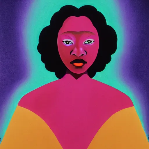 Image similar to a black woman with yellow eyes and a dark rainbow background, gouache painting by tomokazu matsuyama, by ed paschke, by agnes pelton, by patrick nagel, behance contest winner, generative art, irridescent, holography, neon, dark art, retrowave, grain, black background