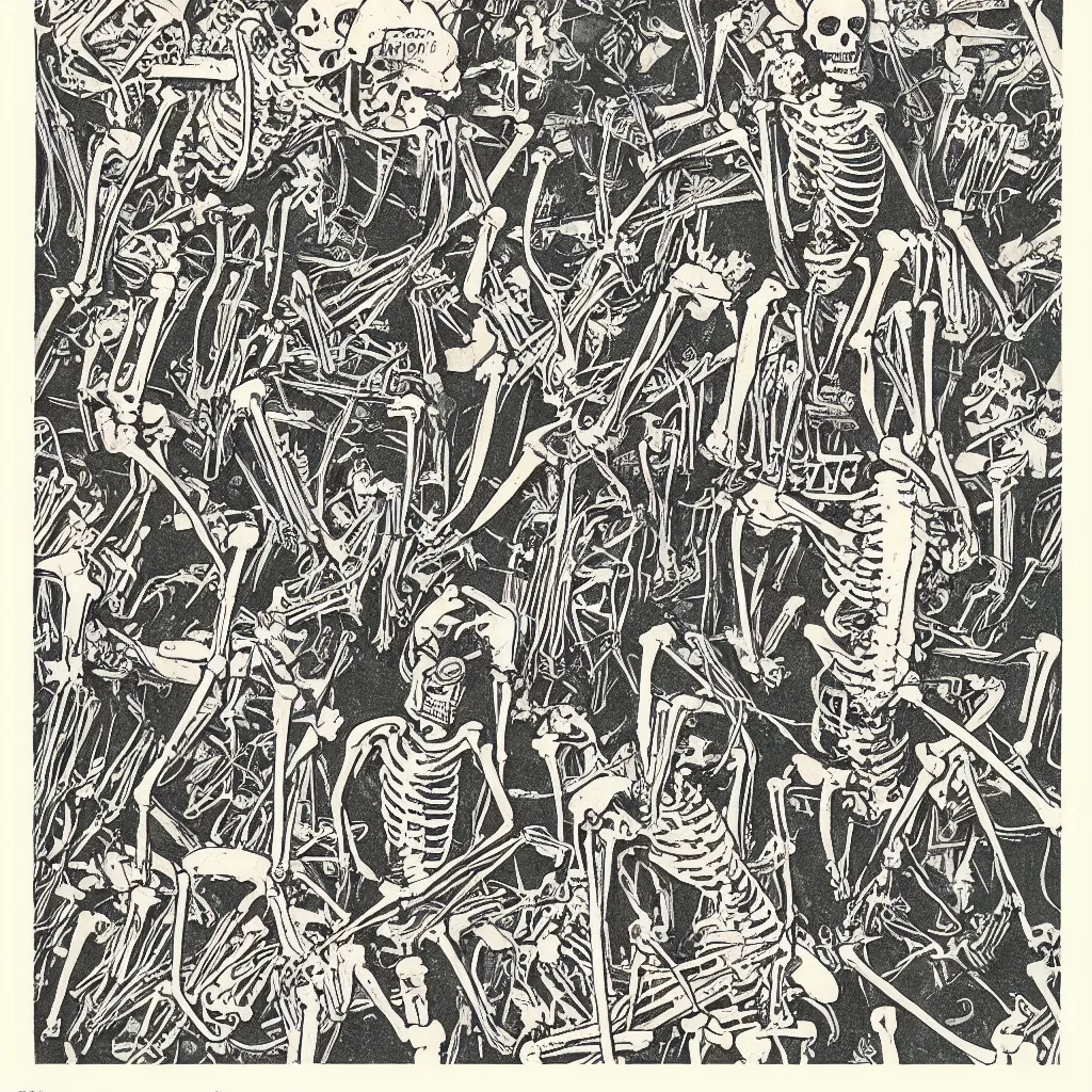 Prompt: vintage risograph of cartoon skeleton