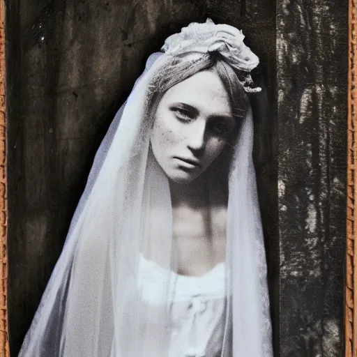 Image similar to picture of ghostly bride in front of an old wooden white church, 1 9 th century southern gothic scene, made by chausheva, katia