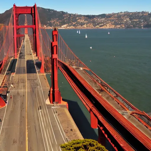 Image similar to a destroyed and deserted golden gate bridge