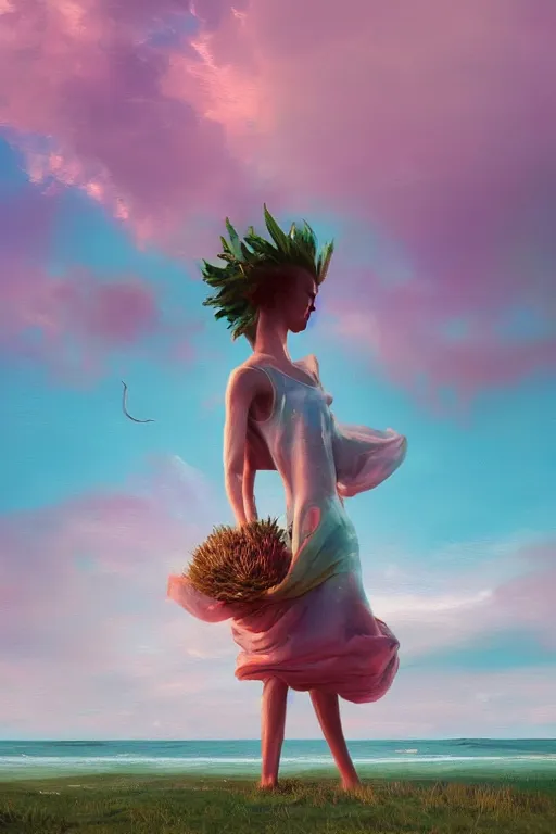Prompt: closeup, giant flower head, a girl on beach, surreal photography, wind and cold, dramatic sky, impressionist painting, digital painting, artstation, simon stalenhag