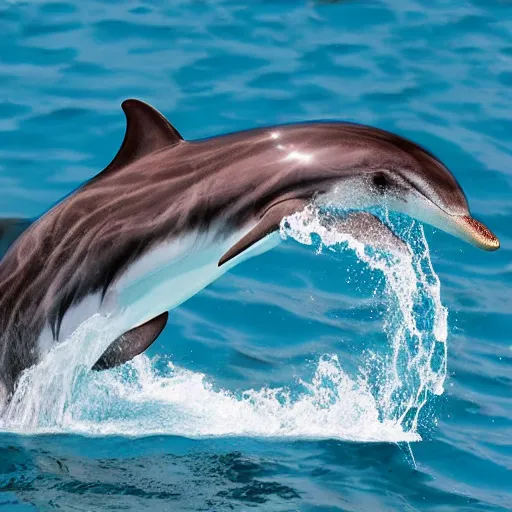 Image similar to hyper realistic photograph of a dolphin tiger hybrid, 8k,