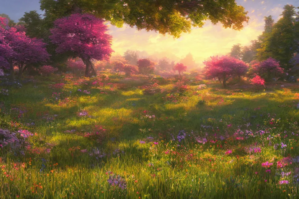 Prompt: Rendering of a scene with a meadow full of colorful flowers, by Makoto Shinkai and Thomas Kinkade, fantasy matte painting, trending on cgsociety and unreal engine, light effect, volumetric lighting, highly detailed, super wide angle