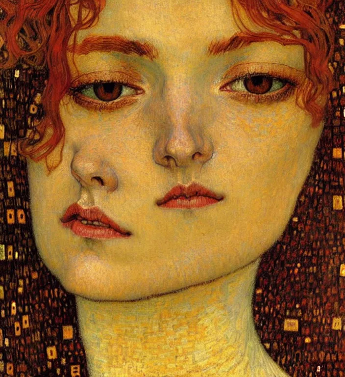 Image similar to detailed realistic beautiful young medieval queen face portrait by jean delville, gustav klimt and vincent van gogh, art nouveau, symbolist, visionary, gothic, pre - raphaelite, muted earthy colors, desaturated