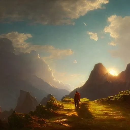 Prompt: a traveler wandering through the mountains looking at the clouds, very detailed, focused, oil painting, cinematic lighting, Albert Bierstadt, trending on Artstation