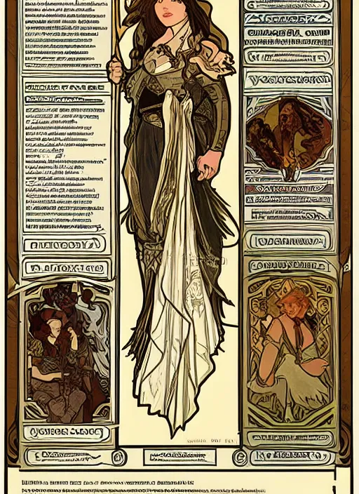 Image similar to D&D character sheet by Alphonse Mucha. Full body illustration of character on right, text on left and top and bottom. Warrior character, wearing armor and holding a sword.