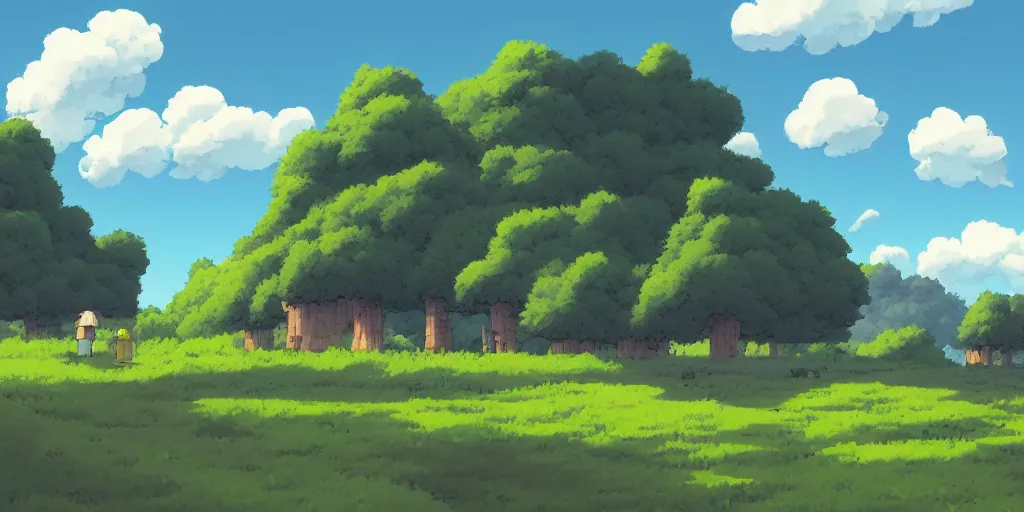 Image similar to landscape, summer, morning, beautiful cloud, quiet, no people, Ghibli, Anime Background, Miyazaki Hayao, concept art, illustration,smooth, sharp focus, intricate, super wide angle, trending on artstation, trending on deviantart, pixelart