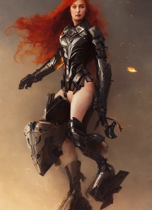 Image similar to short muscular redhead young woman wearing black lowpoly armour, bare legs, detailed, by gaston bussiere, bayard wu, greg rutkowski, giger, maxim verehin, greg rutkowski, masterpiece, sharp focus, cinematic lightning