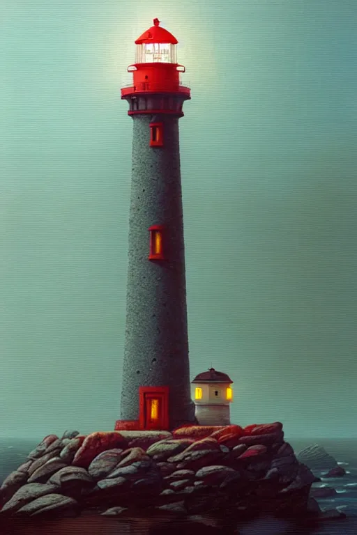 Prompt: a lighthouse on a rock in a redwood solar punk vision ; oil on canvas by klaus burgle and simon stalenhag ; ultra - realistic 3 d depth shading
