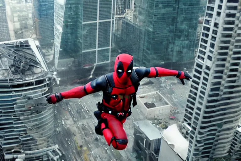 Prompt: Deadpool leaps off helicopter and smashes through high rise window by Emmanuel Lubezki