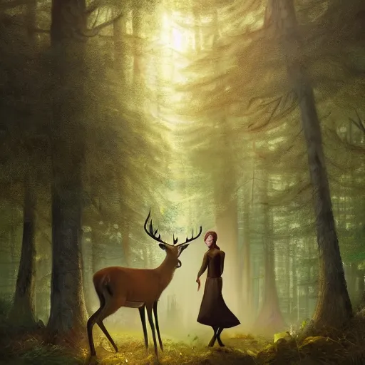 Image similar to a painting of a woman standing in a forest with deer, a storybook illustration by louise abbema, cgsociety, magical realism, reimagined by industrial light and magic, volumetric lighting, cinematic lighting