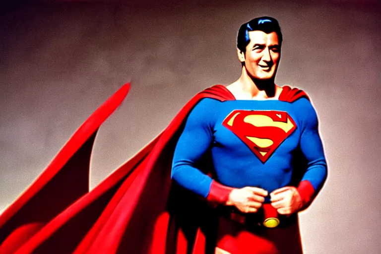 Image similar to rock hudson playing superman in, superhero, dynamic, 3 5 mm lens, heroic, studio lighting, in colour