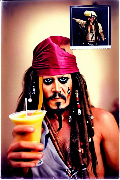 Image similar to Jack Sparrow in a casino, piña colada, realistic photograph, polaroid, film