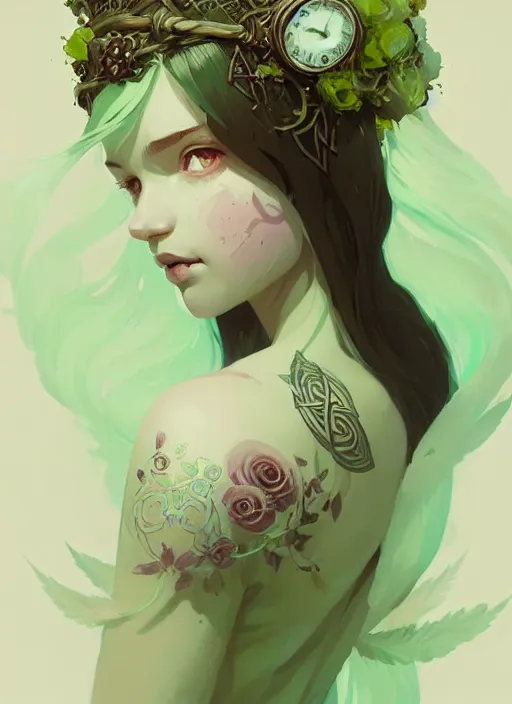 Image similar to portrait of cute fairy girl with crown of flowers covered with celtic rune tattoos, fantasy, by atey ghailan, by greg rutkowski, by greg tocchini, by james gilleard, by joe gb fenton, by kaethe butcher, dynamic lighting, gradient light green, brown, blonde cream and white color in scheme, grunge aesthetic