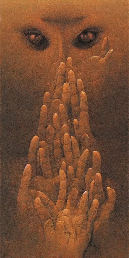 Image similar to a giant hand with an eye at the center, reaches enlightenment and nirvana, beksinski