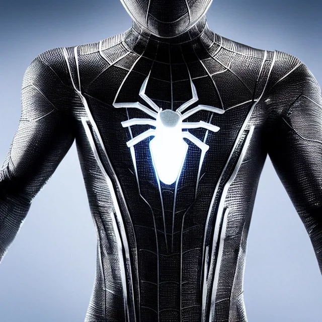 Prompt: photo of a cyber black and silver spider - man leds highly detailed 8 k hdr smooth sharp focus high resolution award - winning photo