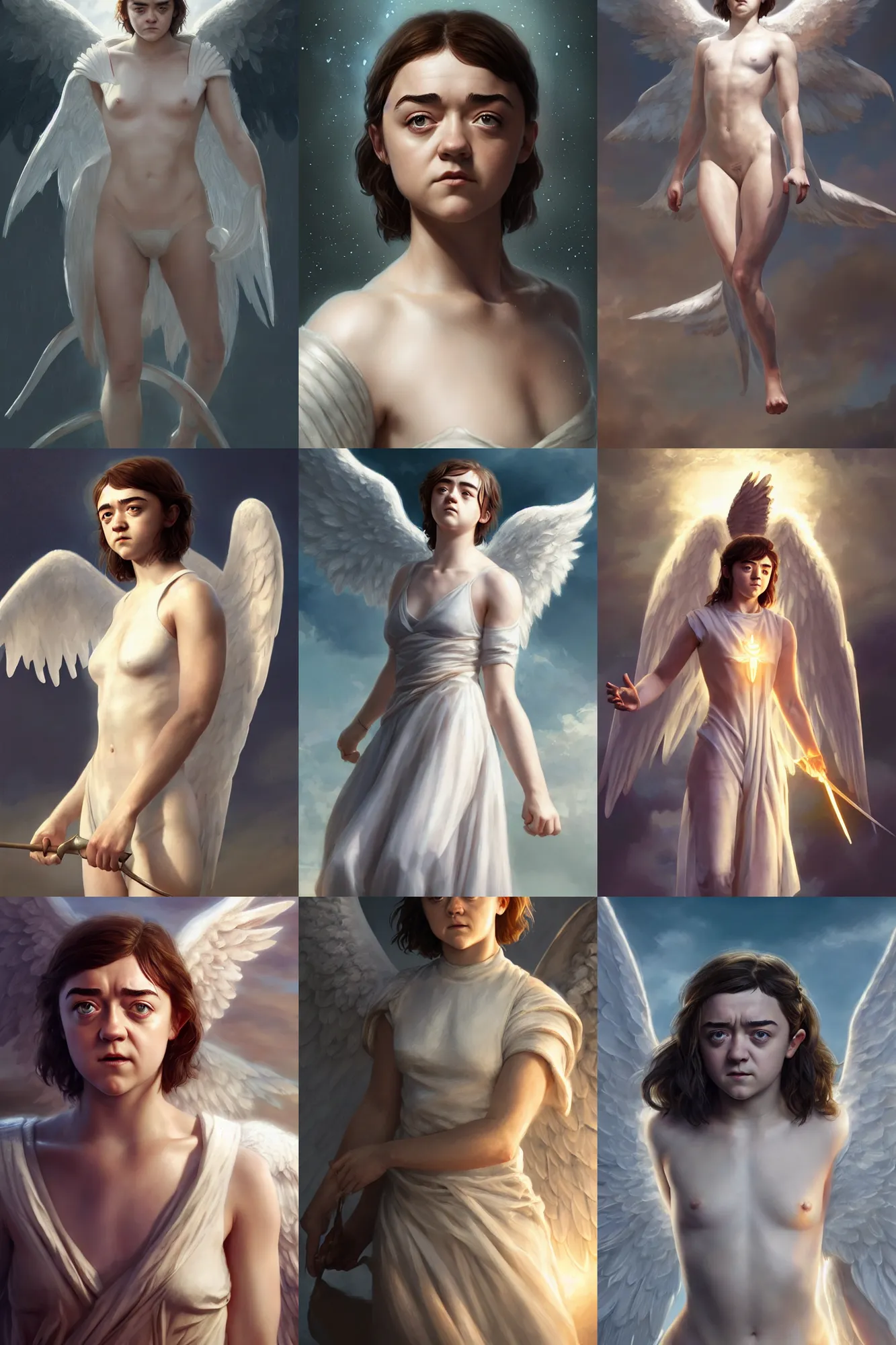 Prompt: maisie williams as a heavenly angel, anatomy, bathing in light, highly detailed, photorealistic, artstation, smooth, sharp focus, illustration, unreal engine 5, 8 k, art by artgerm and greg rutkowski and edgar maxence