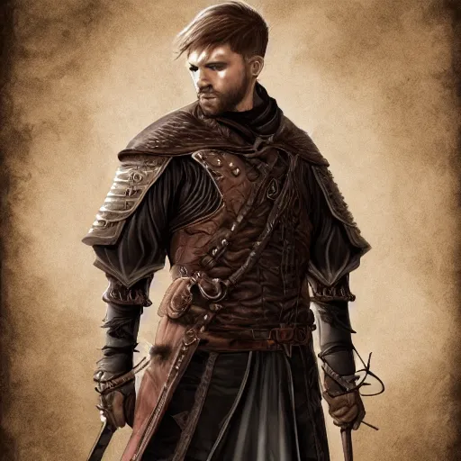 Prompt: realistic portrait, 30 year old man :: athletic, fantasy mage, medieval leather armour, brown clothes :: high detail, digital art, RPG, concept art, illustration