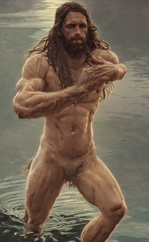 Image similar to the god of the lake, 30 years old, rugged, long hair, male, gorgeous, detailed face, amazing, thighs!!!!!!, muscular, intricate, highly detailed, digital painting, artstation, concept art, sharp focus, illustration, art by greg rutkowski and alphonse mucha