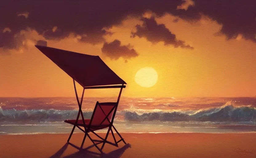 Image similar to silhouette painting of a beach chair at sunset with ocean waves in background, natural light, concept art, by greg rutkowski, cozy atmospheric and cinematic lighting