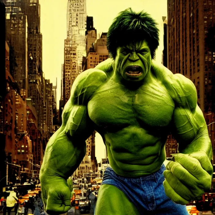 Image similar to a color photo portrait of the incredible hulk looking angry in new york city by richard avedon dramatic lighting.