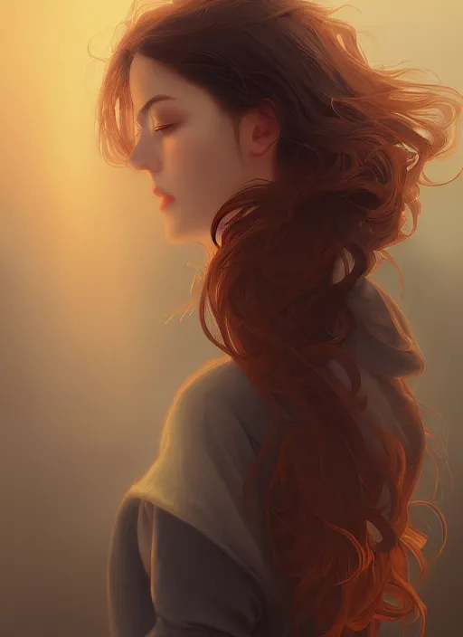 Prompt: handsome young women with shoulder length brown hair, smoke, foggy, half body shot, path traced, highly detailed, high quality, digital painting, alena aenami, lilia alvarado, shinji aramaki, karol bak, alphonse mucha, tom bagshaw