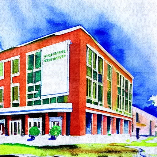 Image similar to dunder mifflin office building watercolor impressionist painting