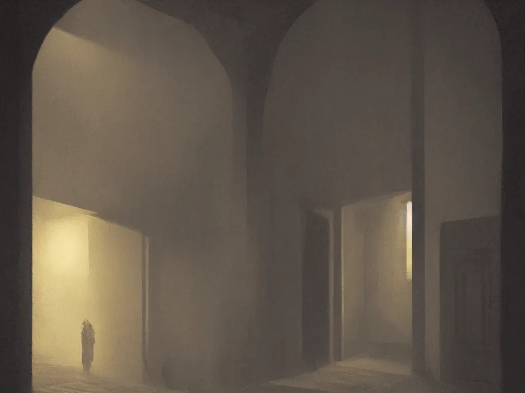 Prompt: a detailed matte painting of a nightscene with a dark alley at the end an illuminated door in the style of greg rutkowski and edward hopper