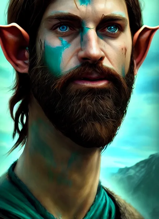 Prompt: A striking epic hyper real comic book style portait painting of an arrogant half-elf ranger, teal tunic, teal headband, shaggy brown hair, scruffy beard, scar on face, D&D Concept Art, unreal 5, DAZ, Apex legends concept art, hyperrealistic, octane render, cosplay, RPG portrait, dynamic lighting