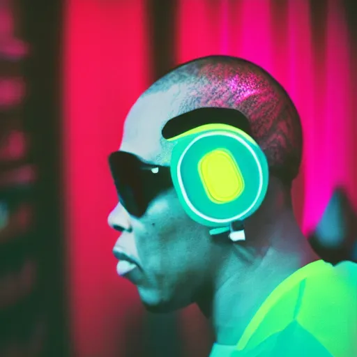 Prompt: photo of dr. dre wearing futuristic neon headphone., cinestill, 8 0 0 t, 3 5 mm, full - hd