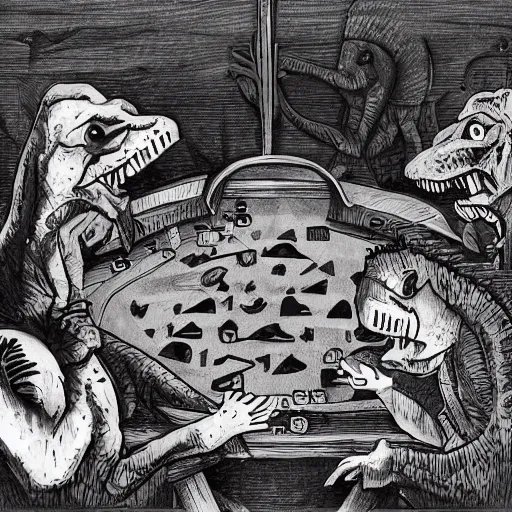 Image similar to Dinosaurs playing poker at the prehistoric dawn cave casino drawn with a left hand.