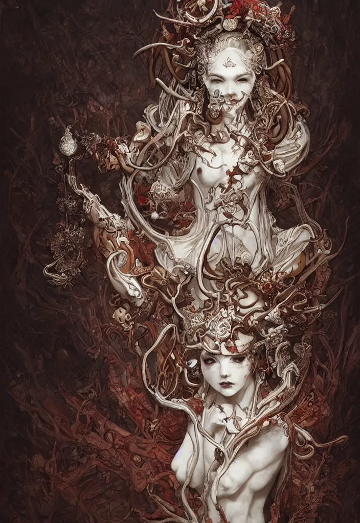 Prompt: breathtaking detailed painting of a devil god of meat and bones, intricate art nouveau white geisha crown, meat and blood stained glass, rembrandt style, elegant, highly detailed, artstation, concept art, matte, sharp focus, art by tom bagshaw, and peter mohrbacher