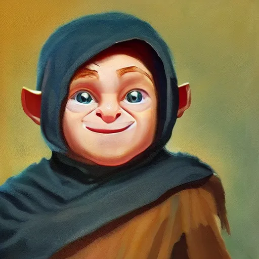 Prompt: An oil painting by Beeple of a Halfling thief, scared face, handsome, dressed in a cloak