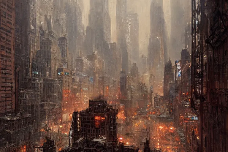 Prompt: New York City, moody scene, highly detailed, intricate, sharp details, dystopian mood, 1950 scene by gaston bussiere, craig mullins, somber lighting, drawn by Giacomo Burattini, inspired by graphic novel cover art