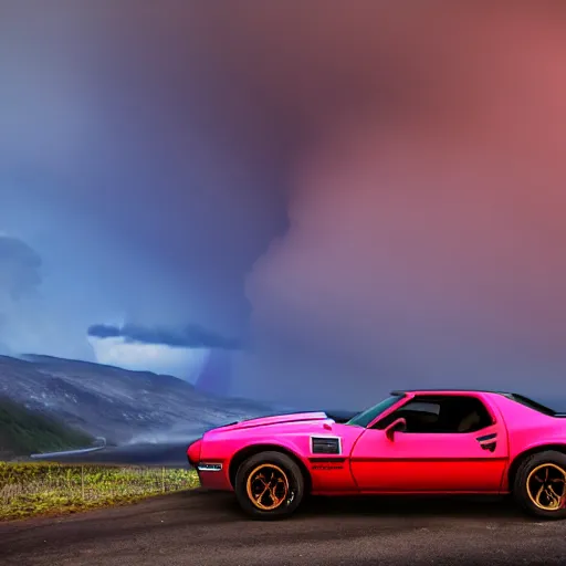 Image similar to pontiac firebird trans - am driving towards the camera, norway mountains, cinematic, motionblur, volumetric lighting, foggy, wide shot, low angle, large lightning storm, thunder storm, tornado