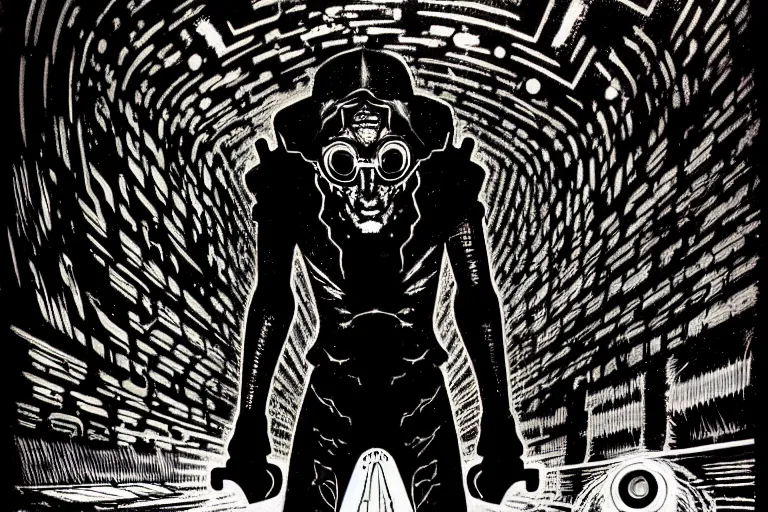 Prompt: a true hero on the run, sinking into madness, wrapped in black, clutching a hopespark in the drifting void hallways. Fantasy Tron sci-fi illustration, vibrant neon inks painting, by Edvard Junjiito Picasso and Gustave Dore and Carl Critchlow