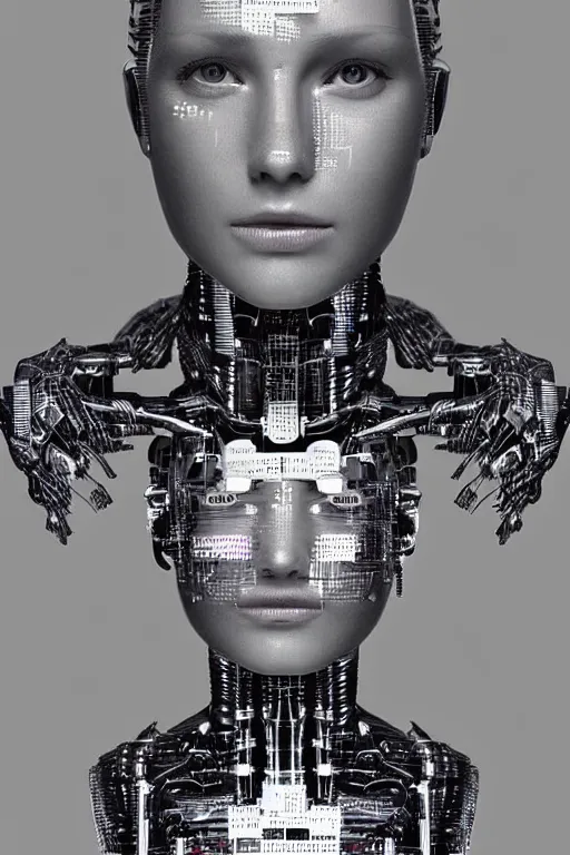 Image similar to robot with human face, female head, full body angle, woman human face, human face realistic, beautiful blonde hair, human head, human head with blonde hair, blonde hair human head, blonde hair, human realistic face, human head skin, cyborg frame concept, cyborg by ales-kotnik, sci-fi android female, the body is made of wires, robotic body, cyborg body, cyborg bust body, robot body cyborg, full body