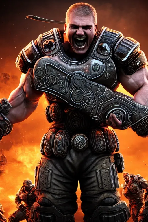 Image similar to Jordan B. Peterson as a muscular Gears of War character laughing, photorealism, half body, HDR ambient background, unreal engine 5, hyperrealistic, highly detailed, XF IQ4, 150MP, 50mm, F1.4, ISO 200, 1/160s, cinematic lights, Adobe Lightroom, photolab, Affinity Photo, PhotoDirector 365, realistic