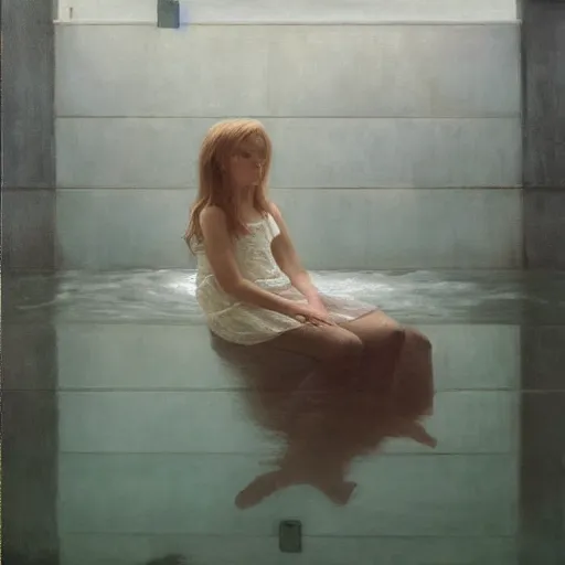 Image similar to oil painting of girl sitting in fish tank drowning alone. she is wearing a white dress and has long brown hair. by aron wiesenfeld.