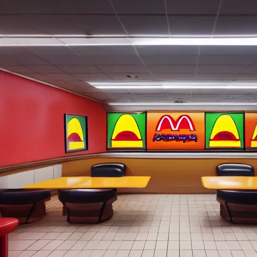 Image similar to a panorama of a 80s mcdonalds