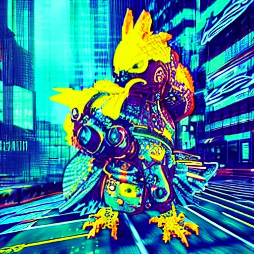 Image similar to “cyberpunk retrowave Chocobo tripping on LSD”